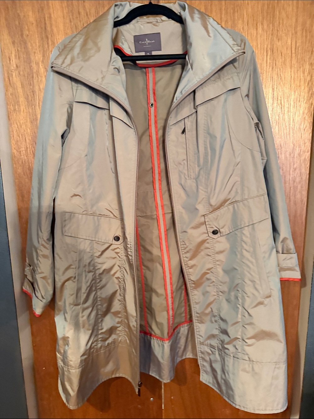 Cole Haan Light Gray Trench Coat with Orange Trim